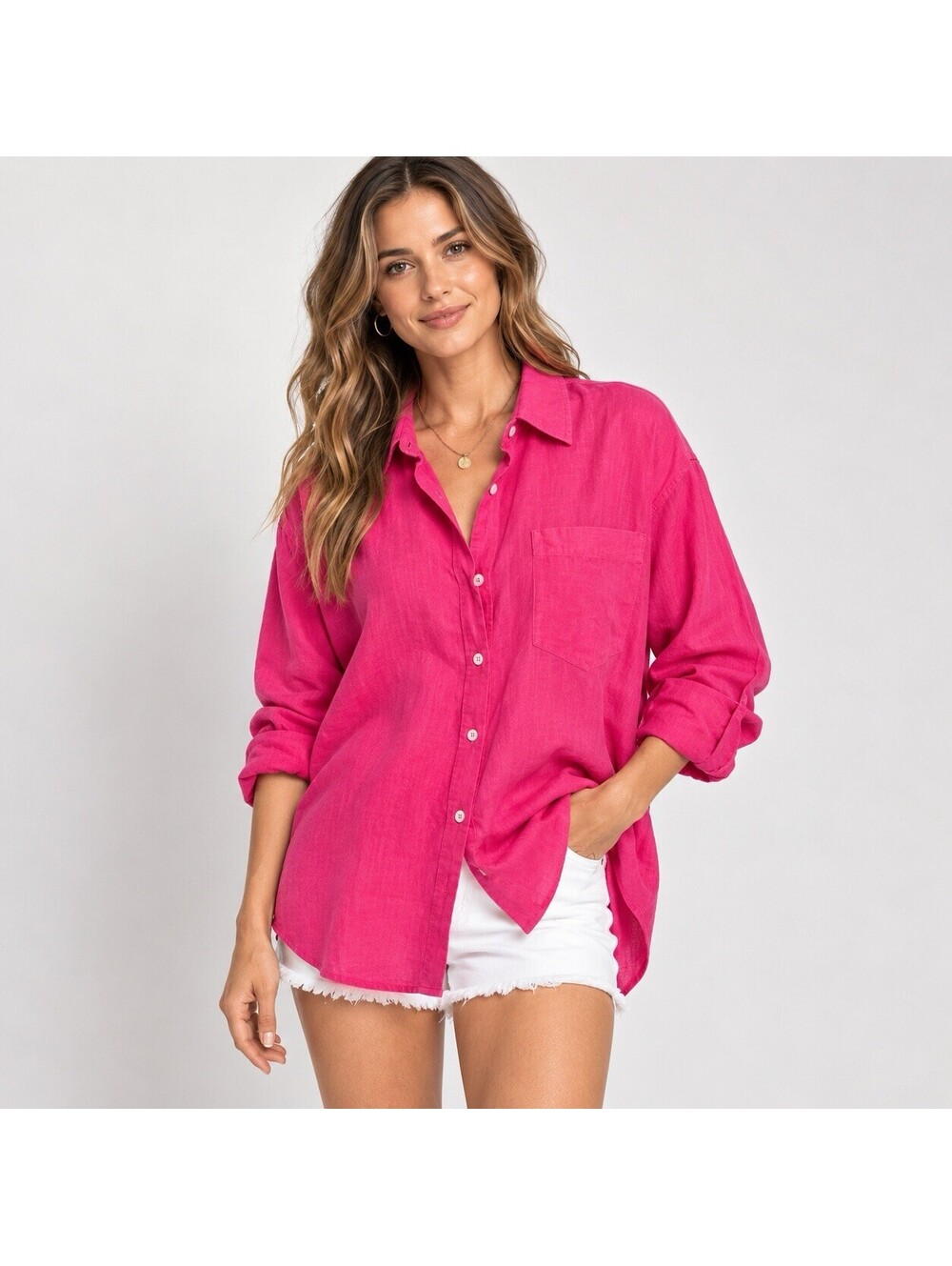 GAP Fuchsia Pink Linen Blend Oversized Shirt XXL Button Up Coastal Barbiecore